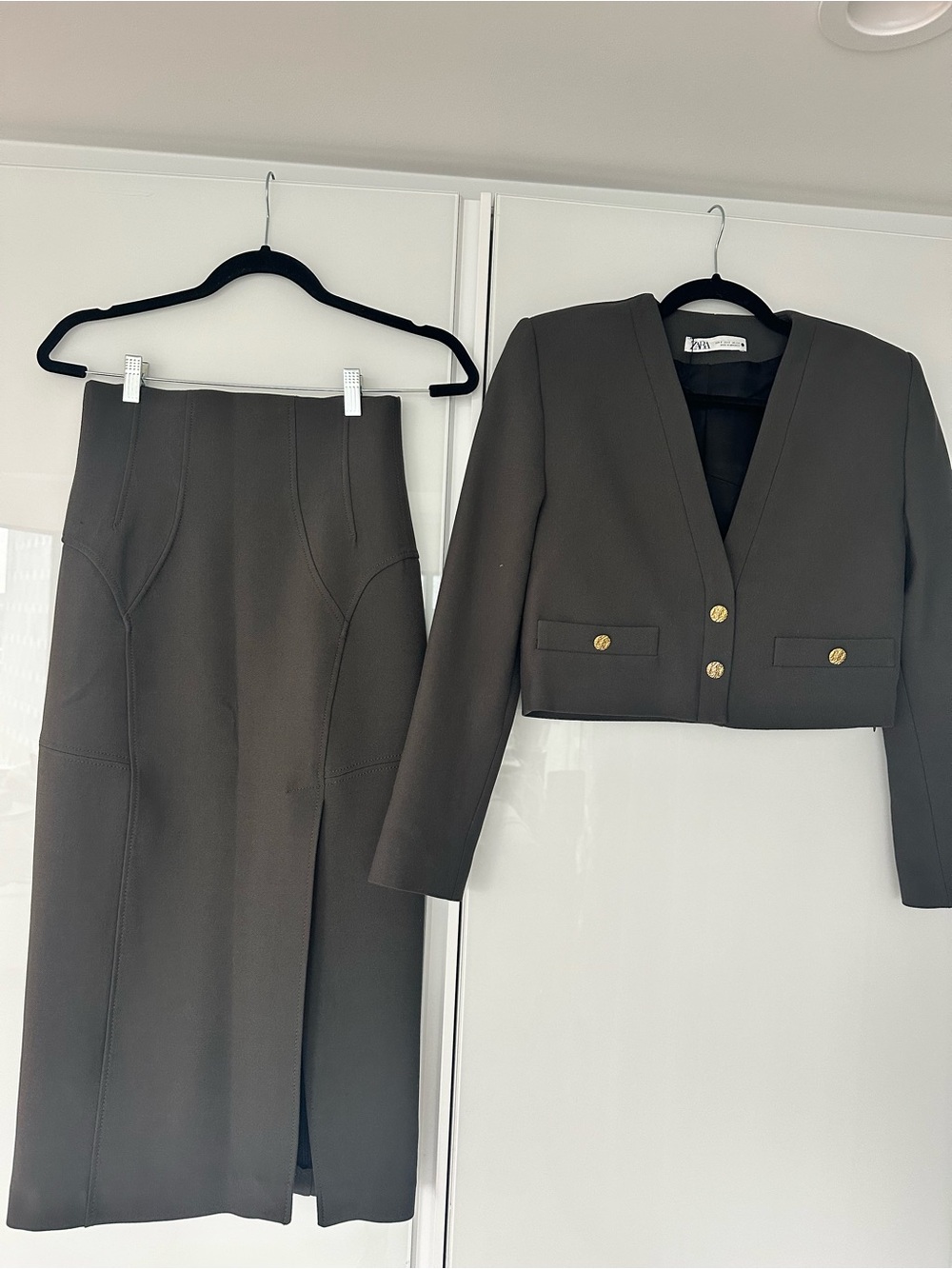 Zara Olive Green Cropped Blazer with Matching Midi Skirt